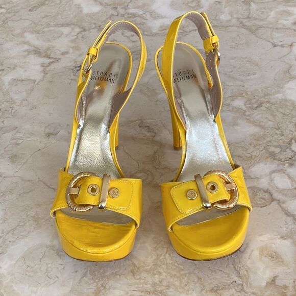Stuart Weitzman Miss Jane Yellow Patent Leather Platform High Heel Sandals - Picture 3 of 14